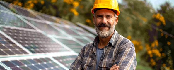 worker in front of a  solar panels. Clean and green alternative energy concept - obrazy, fototapety, plakaty