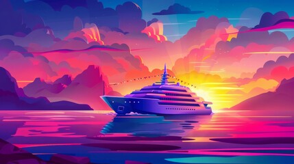 At sunset, a cruise ship is sailing in the sea and surrounded by mountains