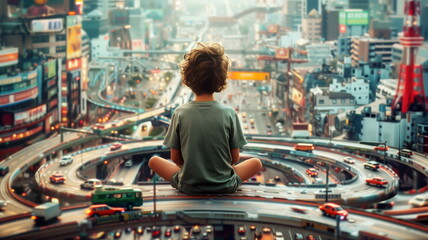 Fototapeta na wymiar Young child meditating above a bustling city intersection.