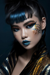 Naklejka na ściany i meble A woman with blue and gold makeup on her face. She has a blue and gold outfit