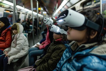 Naklejka premium Group of children using virtual reality headsets on subway train in Toronto, Ontario, Canada immersive technology experience for young passengers