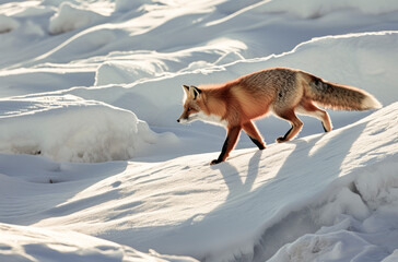 Fototapeta premium A fox, with thick orange and white fur, walks on snow-covered ground, with snow-covered mountains and a clear blue sky in the background