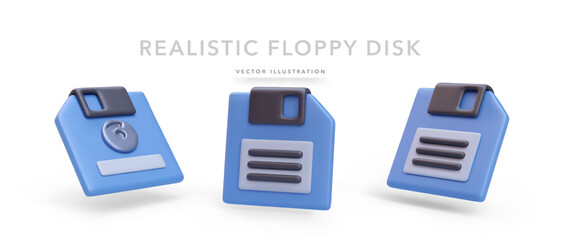 Set of realistic blue floppy disks isolated on white background. Vector illustration