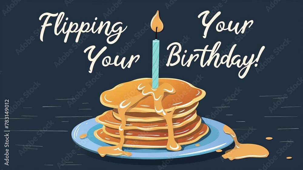 Poster A birthday cake with a lit candle on top of it. The cake is piled high with pancakes and has a drizzle of syrup on it. The image is meant to convey the idea of flipping your birthday