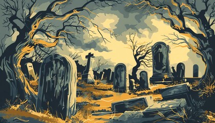 A painting of a spooky graveyard with a large tree with gnarled branches looming over the tombstones.