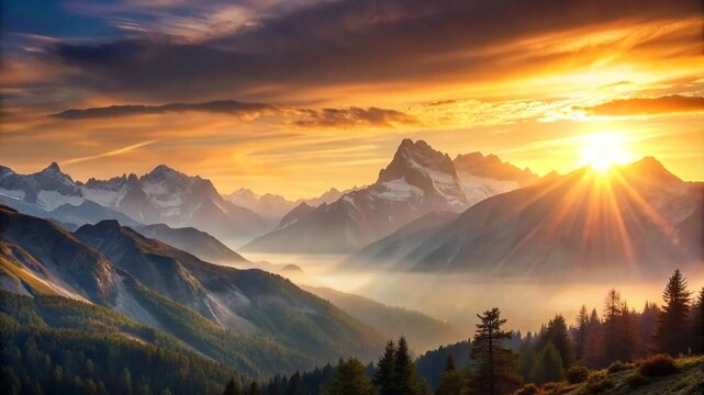 Sunrise in the mountains: bright colors.Mountain landscape: sunrise photo.Mesmerizing sunrise in the mountains: photos in bright colors.Landscape with a mountain dawn: a photo for your home or office.