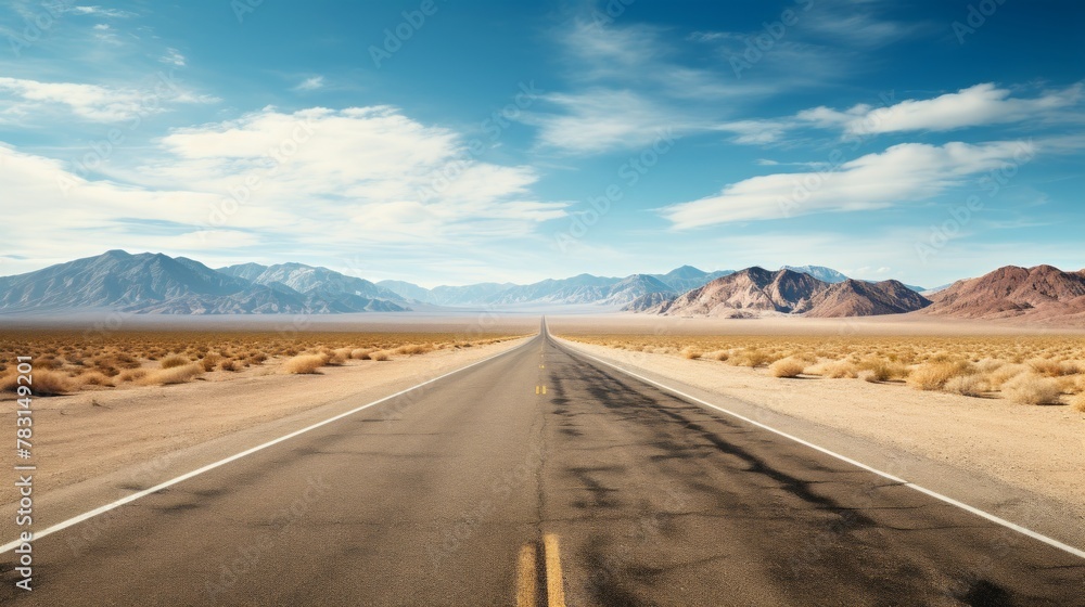 Poster Generative AI Desert Highway Vanishing Point ::1 visual showing an aerial perspective of a deserted highway in the desert, straight road disappearing into the horizon --ar 16:9 --stylize 250 --v 5.2 J