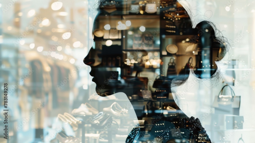 Poster A womans face is reflected in the glass window, creating a double exposure effect. Her features are visible against the clear surface, capturing a moment of introspection and contemplation.