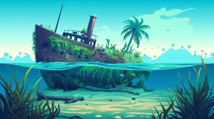 Floating wreck ship with sunken pipes, sunken steamboat on ocean sandy bottom, broken vessel covered with green seaweeds sticking out above water surface, Cartoon modern illustration of tropical - obrazy, fototapety, plakaty