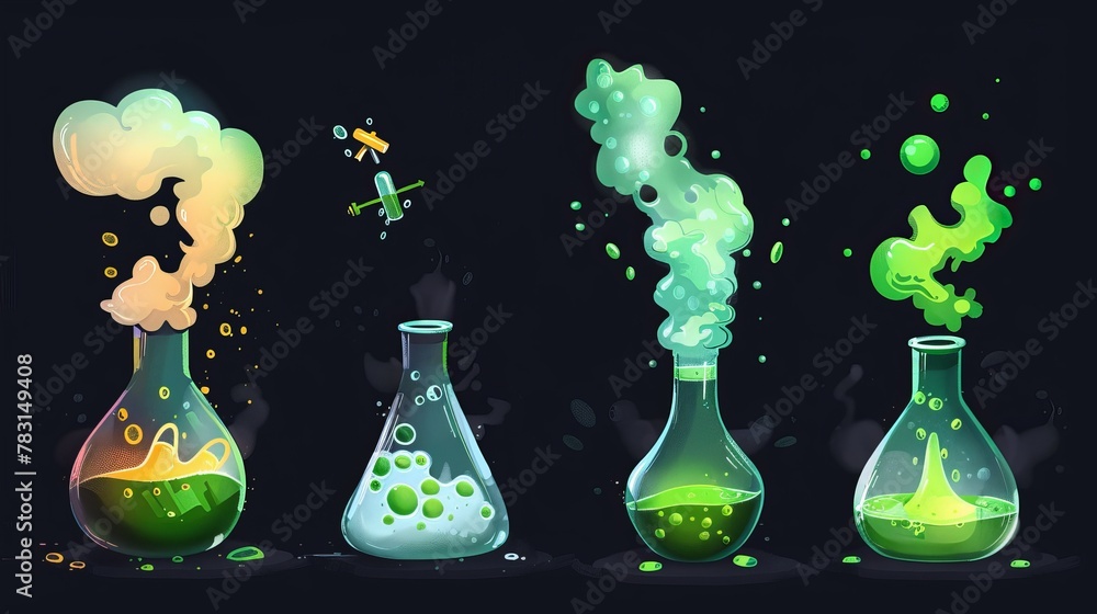 Poster in a flask with explosion and smoke clouds, a chemistry experiment is depicted with reagents being m