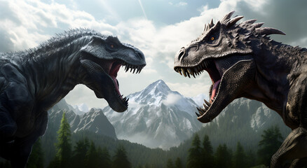 View of a where two terrifying dinosaurs face off on the side of the mountain