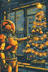 A robot is decorating a Christmas tree in a room with a large window. The robot is wearing a spacesuit. The tree is decorated with lights and ornaments. There is a city in the background.