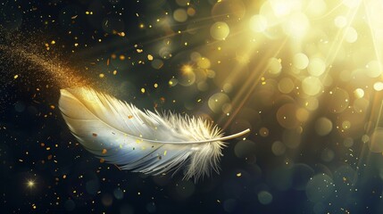 This modern design features a golden colored bird or angel quill, soft fluffy plume flying in a sun ray with white feather with gold glitter. - obrazy, fototapety, plakaty