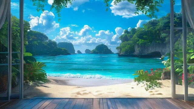 Beautiful tropical paradise sandy beach and sea with palm trees at seaside resort, seaside vacation concept, tourism