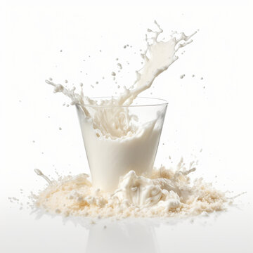 A splash of milk around a glass on a white background
