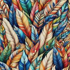 A pattern of colorful feathers arranged in a repeating design with colored stripes that include shades of blue, green, orange and red