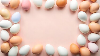 simple minimalistic background with a frame of bright Easter eggs - obrazy, fototapety, plakaty