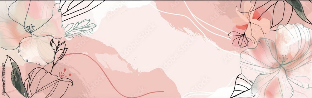 Poster a pink background with flowers and leaves. the flowers are in different sizes and are scattered thro