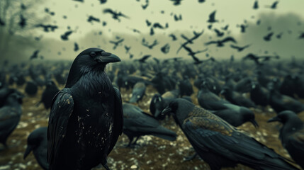 A huge, deeply black, dirty raven stands out among a large flock of other ravens against the bleak background of a landfill under a gray, bleak sky