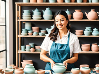 A woman standing in a ceramics store, surrounded by shelves filled with various types of ceramic pots and vases. - Powered by Adobe