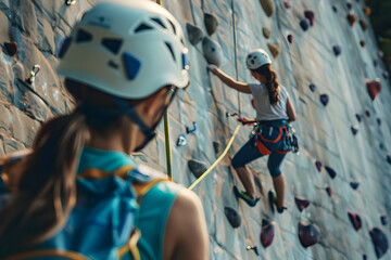 Two women climbing together with rockclimbing equipment and sports gear