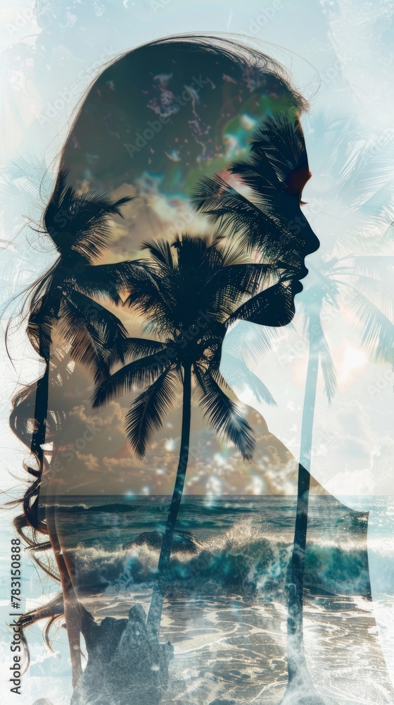 Poster a womans face is shown against a backdrop of palm trees. the profile of the woman is visible, with h