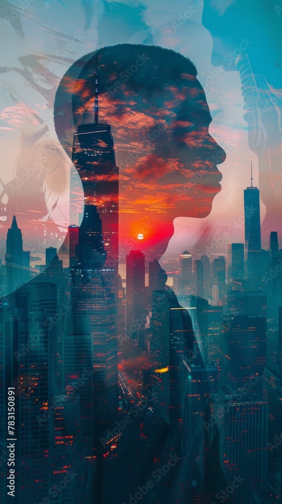Aufkleber a double exposure showcasing the fusion of a persons face and the bustling city streets. the human f