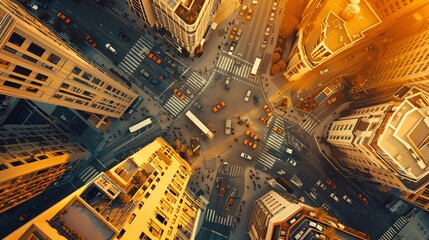 An aerial view of a busy intersection in New York City. - obrazy, fototapety, plakaty