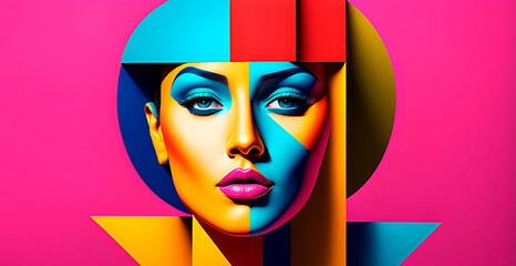 Abstract geometric woman face against pink background. In pop art style. Banner format.