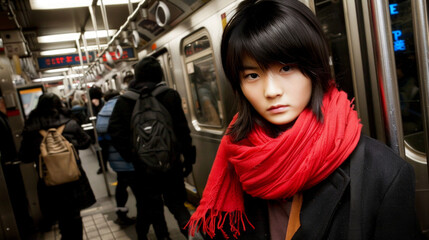 地下鉄で赤いマフラーをした少女 - obrazy, fototapety, plakaty