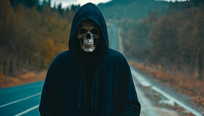 A hooded skeleton or grim reaper on a remote road. For the concept of danger from accidents and bumps in the road.