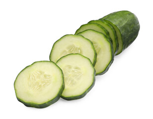 Many fresh cucumber slices isolated on white