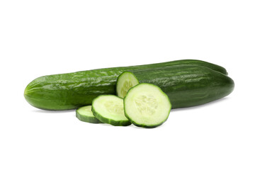 Whole and cut long cucumbers isolated on white