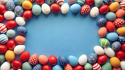 simple minimalistic background with a frame of bright Easter eggs - obrazy, fototapety, plakaty