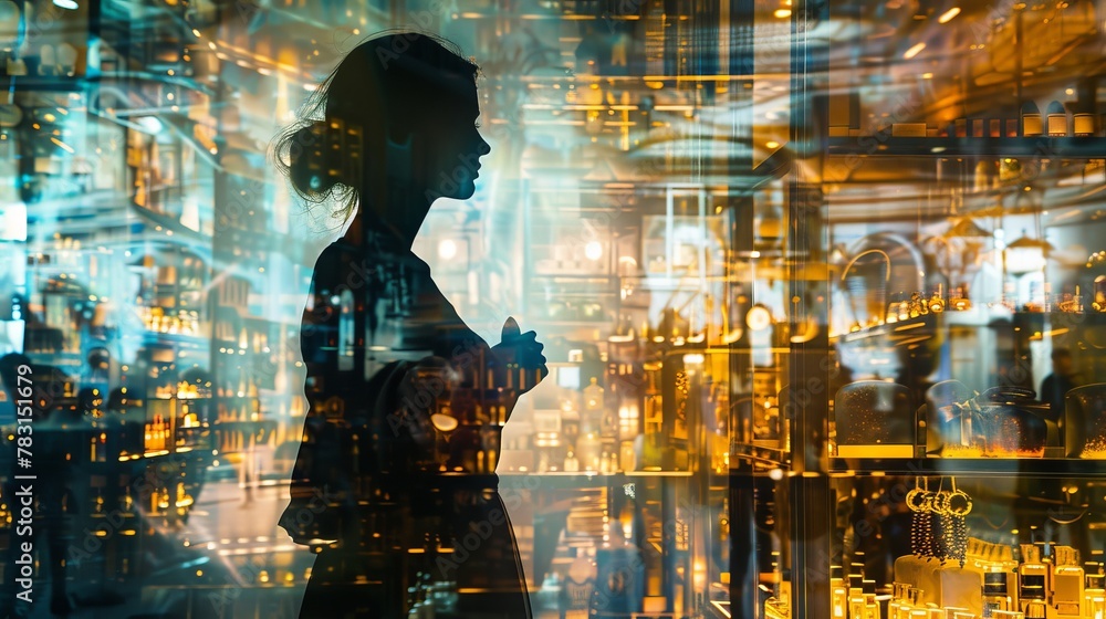 Poster a woman is standing in front of a window, looking out at the view outside. the room behind her is pa