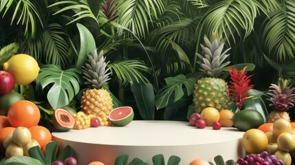 An empty round white podium on a background of tropical green plants and ripe fruits. A platform for product demonstrations.  A stage showcase.