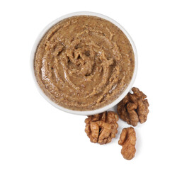 Delicious nut butter and walnuts isolated on white, top view