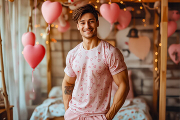 A man in pink pajamas standing in front of a bed.