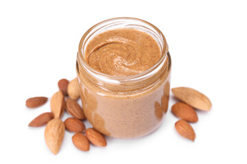 Tasty nut paste in jar and almonds isolated on white
