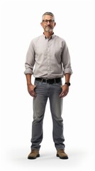 Naklejka premium Generative AI Middle-aged male delivery person with packages, gentle smile, professional posture, in full growth against a plain white background