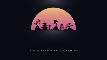Modern vector illustration in oriental style. Landscape on the background of sunset. Web cover.
