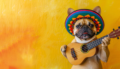 Cute dog, donned in a sombrero hat, strums a guitar against a yellow backdrop, Cinco de Mayo