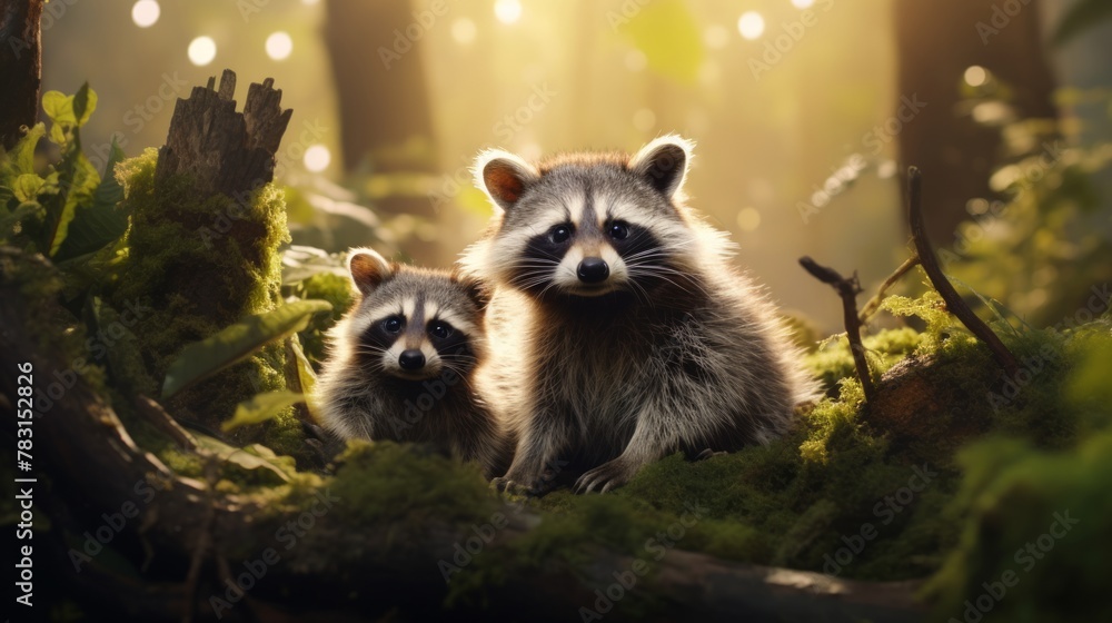 Poster generative ai mischievous raccoons exploring their woodland habitat.