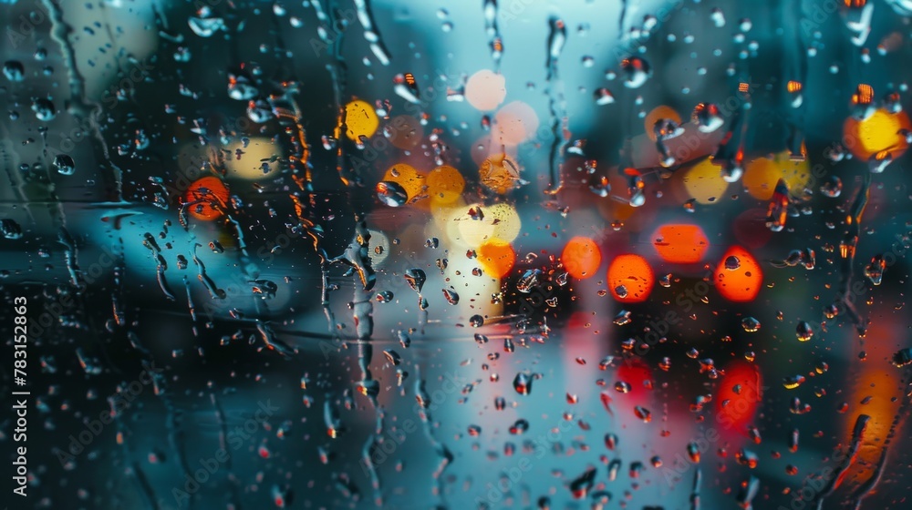 Poster A blurry image of raindrops on a window. The raindrops are scattered and overlapping, creating a sense of movement and chaos. Scene is somewhat melancholic and introspective