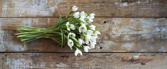 A snowdrop flower bouquet rests on a wooden table