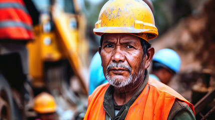 Hard Hats and Hard Work, Efficiency and Experience, Older Day Laborer at a Construction Site, Generative AI