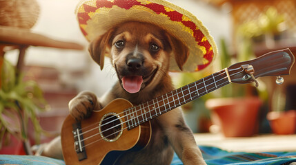 Cute dog in sombrero hat playing guitar, Cinco de Mayo