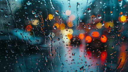 A blurry image of raindrops on a window. The raindrops are scattered and overlapping, creating a sense of movement and chaos. Scene is somewhat melancholic and introspective