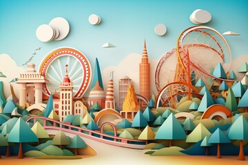 Roller coaster in a colorful theme park, paper cut out effect