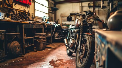 Generative AI Motorcycle repair, grease-stained floors, engine parts, gritty ambiance,...